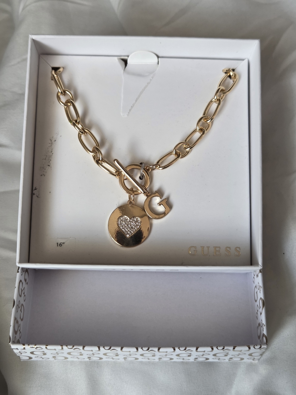 Guess Gold-Tone Chain Necklace with Crystal Heart Disc and G Charm - Picture 2 of 4